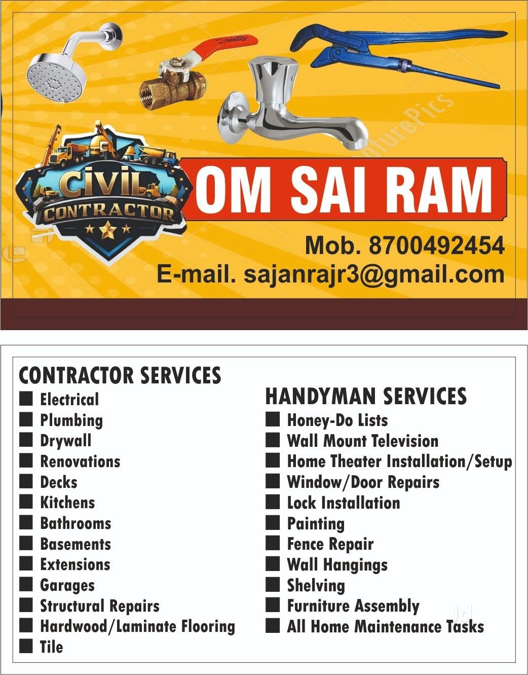 Om Sai Ram Contractor visiting card